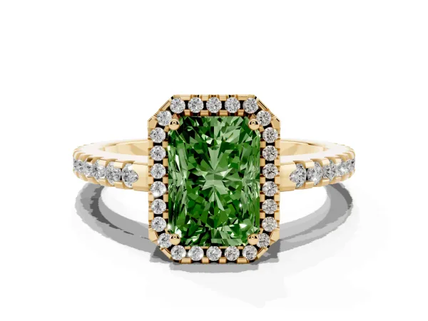 Fancy Green Radiant Cut Diamond Halo Engagement Ring with Pavé Band and Prong Setting Yellow gold