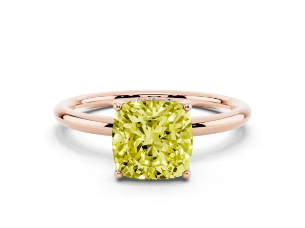 Fancy Yellow Cushion Cut Solitaire Diamond Ring with a Classic Band and Four-Prong Setting Rose gold