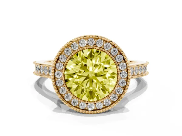 Fancy Yellow Halo Round Cut-Cut Diamond Pave Band Milgrain Prong Setting Ring Yellow gold