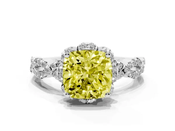 Fancy Yellow Cushion Cut Halo Twist Band Solitaire Ring with Six-Prong Setting Platinum