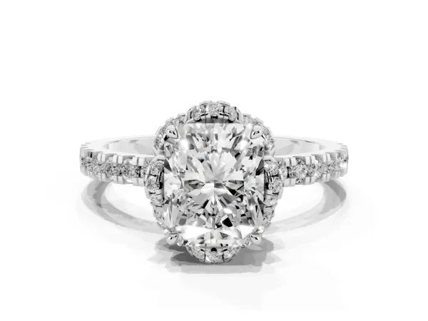Radiant Cut Diamond Halo Pave Band with Four-Prong Setting Platinum