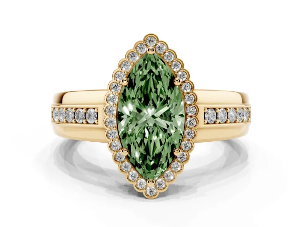 Fancy Green Marquise Cut Cut Halo Pave Band Four-Prong Ring Yellow gold