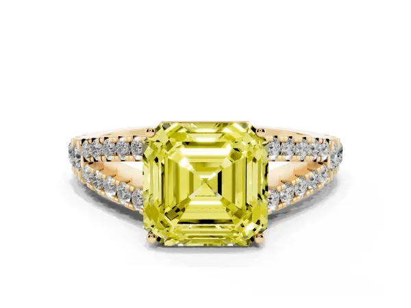 Fancy Yellow Asscher Cut Diamond Split Shank Pavé Engagement Ring with Four-Prong Setting Yellow gold