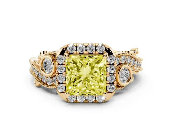 Fancy Yellow Princess Cut Diamond Halo Ring with Milgrain Pavé Band and Four-Prong Setting Yellow gold