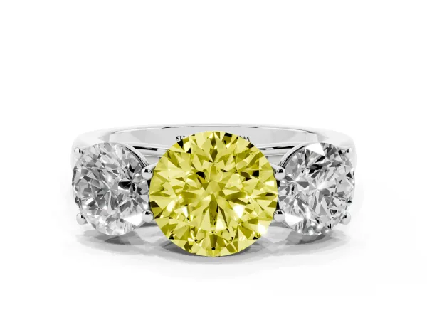Fancy Yellow Round Cut Three-Stone Diamond Ring with Prong Setting on a Classic Band Platinum