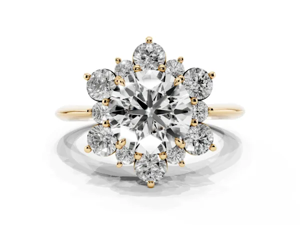 Round Cut Diamond Cluster Halo Ring with Solitaire Band and Four-Prong Setting Yellow gold