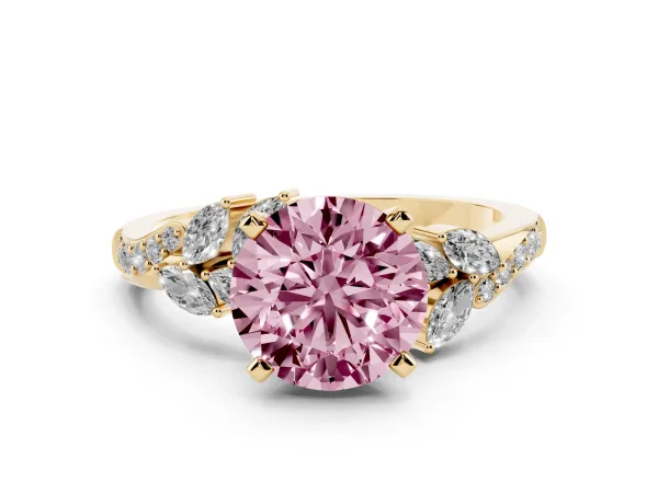 Fancy Pink Round Cut Solitaire Marquise Twist Band with Six-Prong Setting Yellow gold