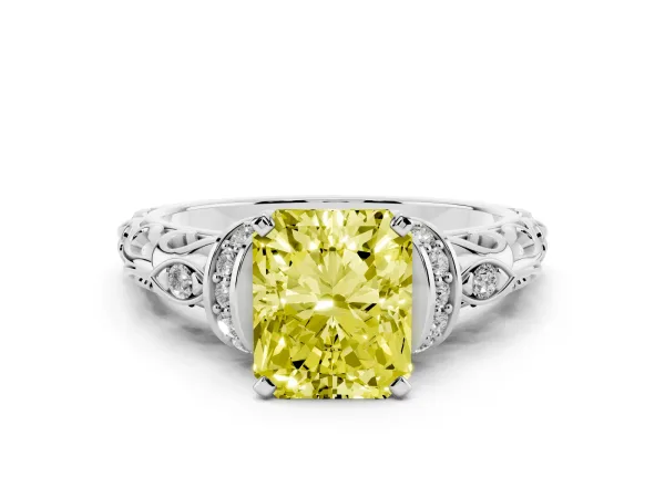 Fancy Yellow Radiant Cut Diamond Solitaire Ring with Filigree Band and Four-Prong Setting White gold