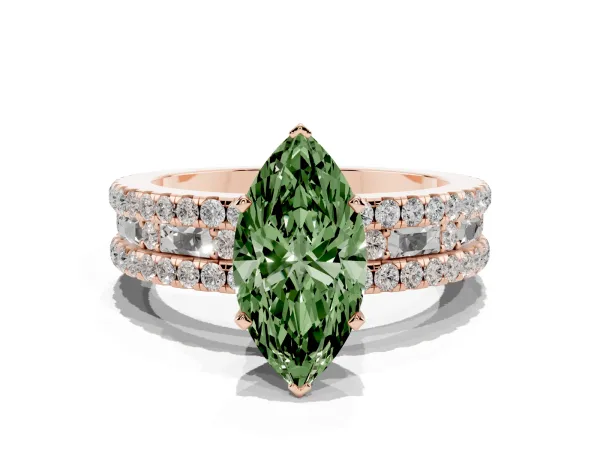 Fancy Green Marquise Cut Diamond Solitaire Ring with Pavé and Channel Set Band Rose gold