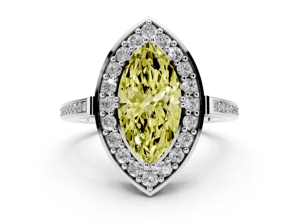 Fancy Yellow Marquise Cut Diamond Halo Ring with Split Shank and Four-Prong Setting Platinum