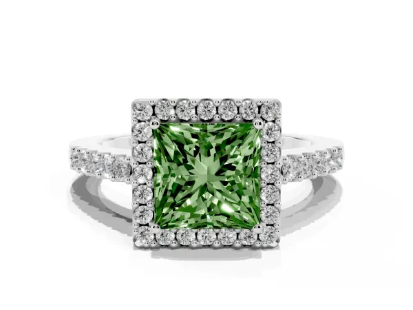 Fancy Green Princess Cut Halo Diamond Pavé Solitaire Ring White gold