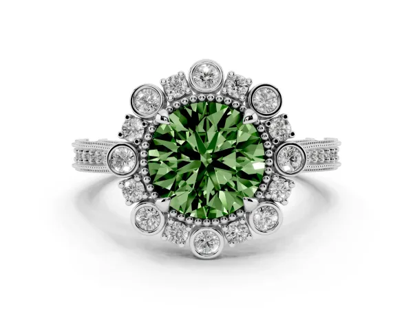 Fancy Green Round Cut Halo Milgrain Pave Diamond Ring with Four-Prong Setting White gold