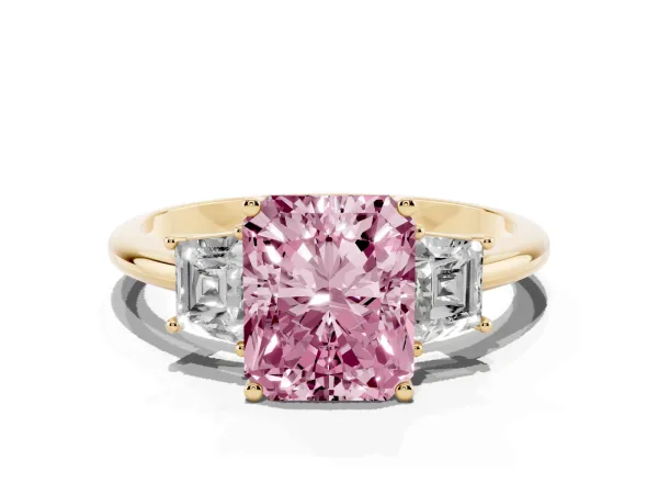 Fancy Pink Radiant Cut Diamond Three-Stone Ring with Trapezoid Side Stones and Prong Setting Yellow gold