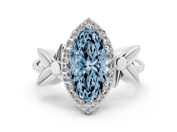 Fancy Blue Marquise Cut Halo Diamond Floral Band with Four-Prong Setting White gold