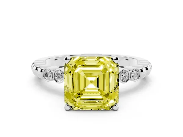 Fancy Yellow Asscher Cut Solitaire Bezel Accent Diamond Engagement Ring with Beaded Band and Four-Prong Setting Platinum