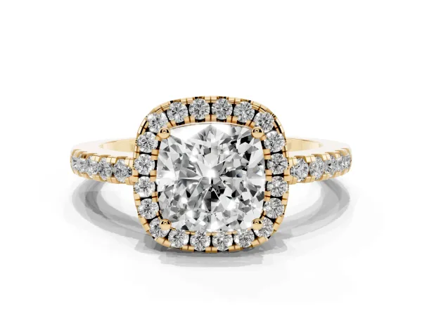 Cushion Cut Halo Diamond Engagement Ring with Pavé Band and Four-Prong Setting Yellow gold