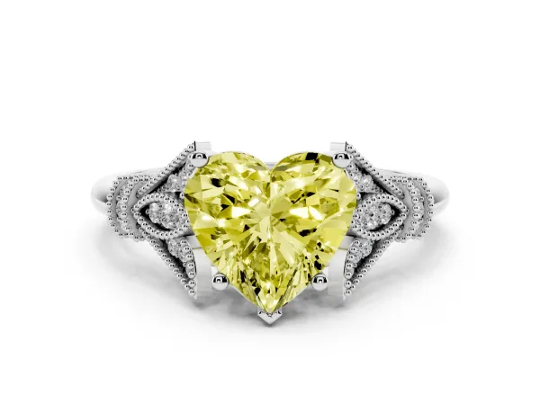 Fancy Yellow Heart Cut Diamond Solitaire Ring with Floral Filigree and Pave Accents White gold