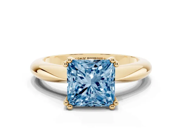 Fancy Blue Princess Cut Cut Solitaire Engagement Ring with Tapered Band and Four-Prong Setting Yellow gold