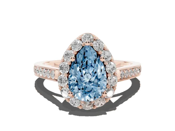 Fancy Blue Pear Cut Diamond Floral Halo Ring with Pavé Band and Prong Setting Rose gold
