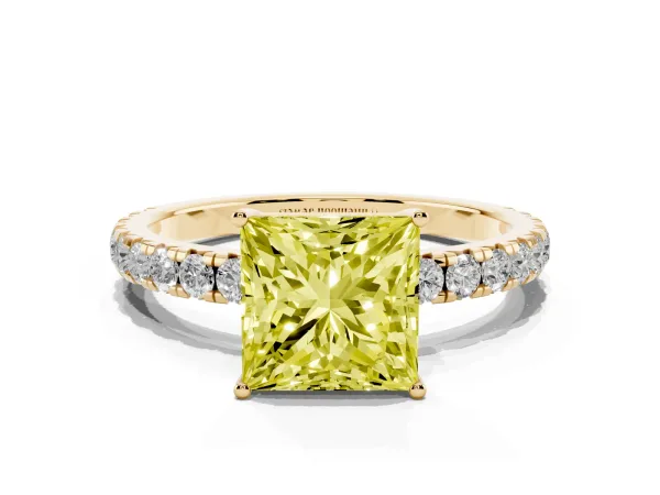 Fancy Yellow Princess Cut Diamond Pavé Solitaire Engagement Ring with Four-Prong Setting Yellow gold