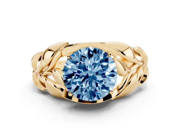 Fancy Blue Round Cut Diamond Leaf-Inspired Engagement Ring with Round Accents and Prong Setting Yellow gold