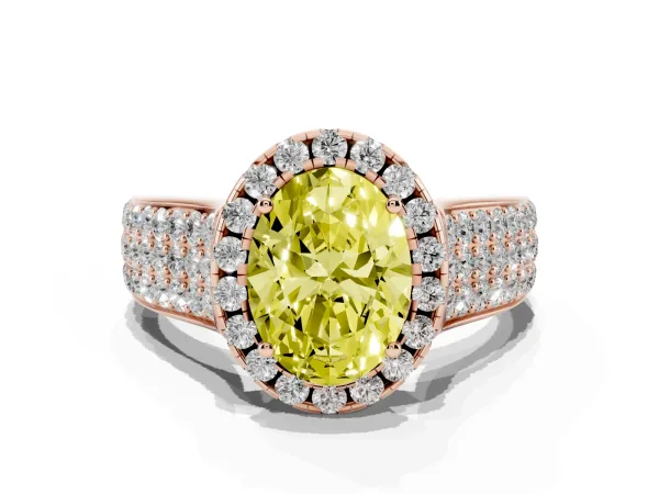 Fancy Yellow Oval Cut Halo Round Diamond Pave Band with Prong Setting Rose gold