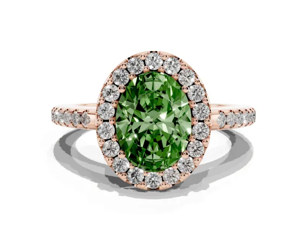 Fancy Green Oval Cut Diamond Pavé Halo Ring with Four-Prong Setting Rose gold