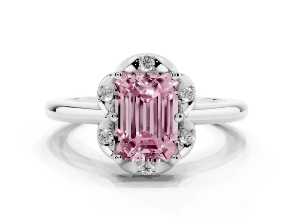 Fancy Pink Emerald Cut Halo Diamond Ring with Round Cluster Setting, Solitaire Band, and Four-Prong Setting White gold