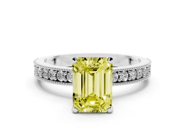 Fancy Yellow Emerald Cut Diamond Milgrain Pavé Engagement Ring with Four-Prong Setting White gold
