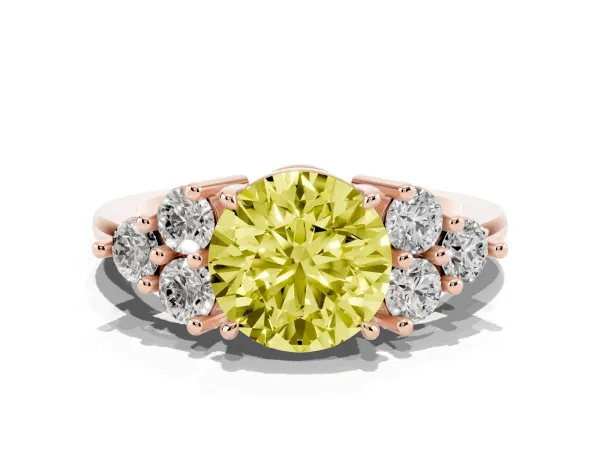 Fancy Yellow Round Cut Brilliant Diamond Cluster Accent Solitaire Ring with Prong Setting Rose gold