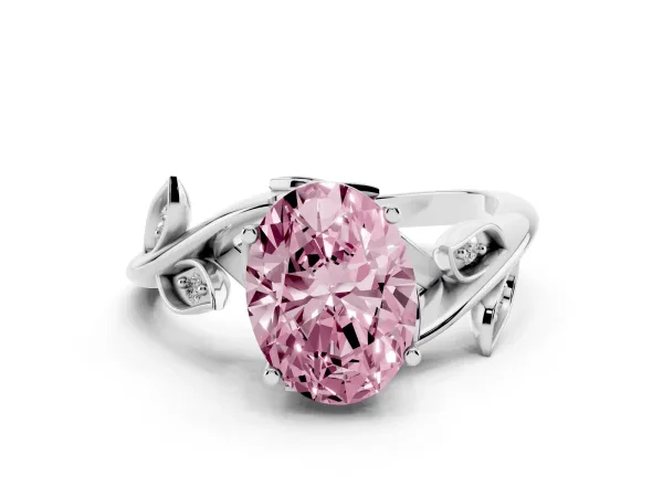 Fancy Pink Oval Cut Solitaire Twist Engagement Ring with Leaf Accents and Prong Setting White gold