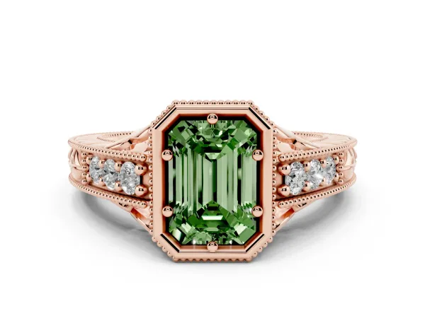 Fancy Green Bezel Set Emerald Cut Diamond Milgrain Pave Engagement Ring Rose gold