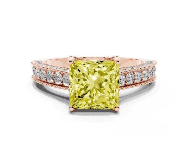 Fancy Yellow Princess Cut Cut Diamond Solitaire Ring with Milgrain Pave Band and Four Prong Setting Rose gold