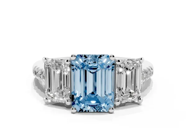 Fancy Blue Three-Stone Emerald Cut Diamond Ring with Round Pavé Band and Prong Setting Platinum