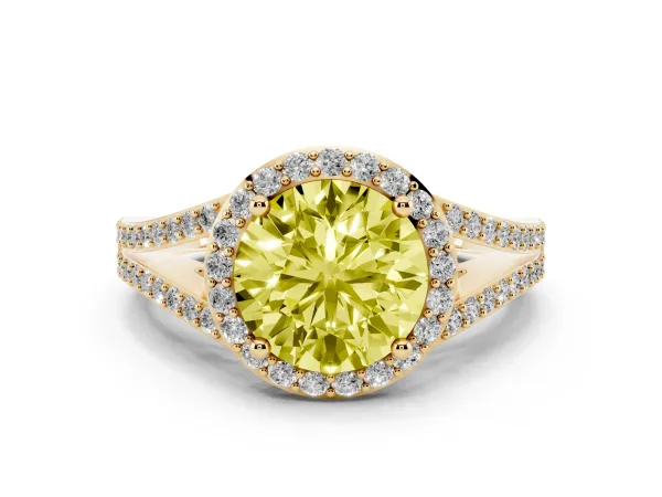 Fancy Yellow Round Cut Halo Split Shank Diamond Ring with Prong Setting Yellow gold