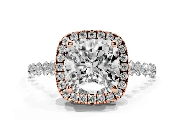 Cushion Cut Halo Pavé Diamond Engagement Ring with Four-Prong Setting Rose gold