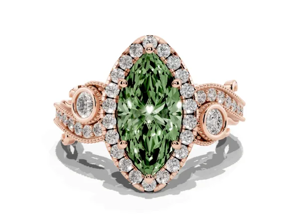 Fancy Green Marquise Cut Diamond Halo Ring with Milgrain Pavé Band and Four-Prong Setting Rose gold