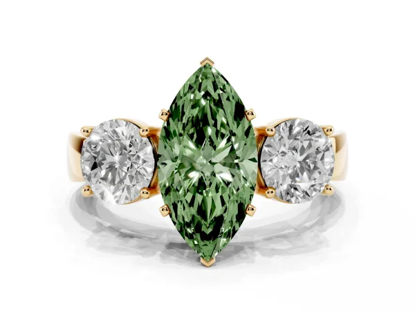 Fancy Green Three-Stone Marquise Cut Diamond Ring with Round Side Stones, Classic Band, and Four-Prong Setting Yellow gold