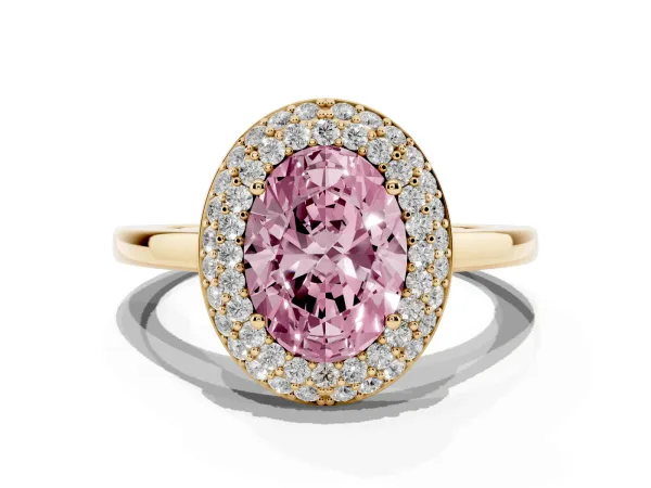 Fancy Pink Oval Cut Halo Diamond Engagement Ring with Solitaire Band and Four-Prong Setting Yellow gold