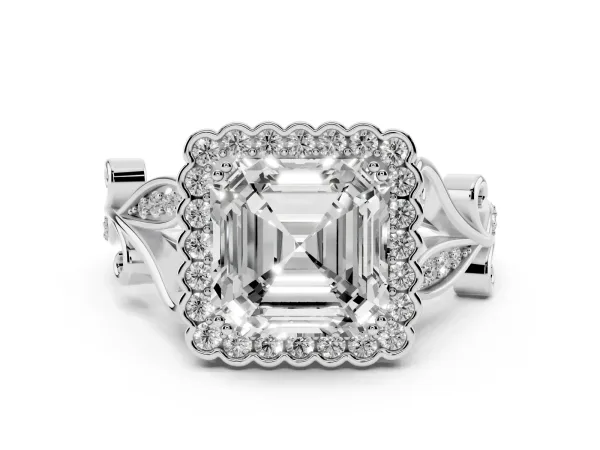 Asscher Cut Diamond Halo Ring with Vintage Split Shank and Four-Prong Setting Platinum
