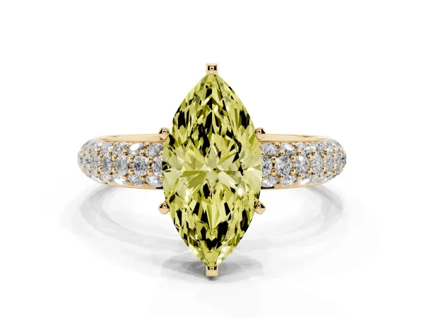 Fancy Yellow Marquise Cut Diamond Solitaire Ring with Prong Setting and Pavé Band Yellow gold