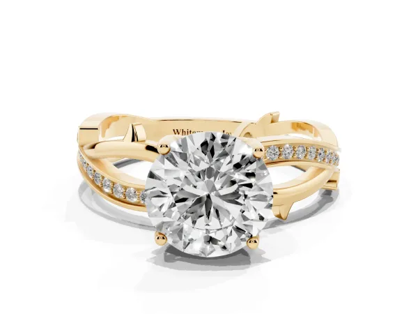 Round Cut Solitaire Twist Band with Pavé Accents and Four-Prong Setting Yellow gold