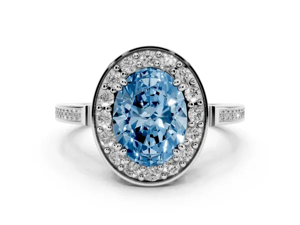 Fancy Blue Oval Cut Diamond Halo Ring with Split Shank and Four-Prong Setting White gold