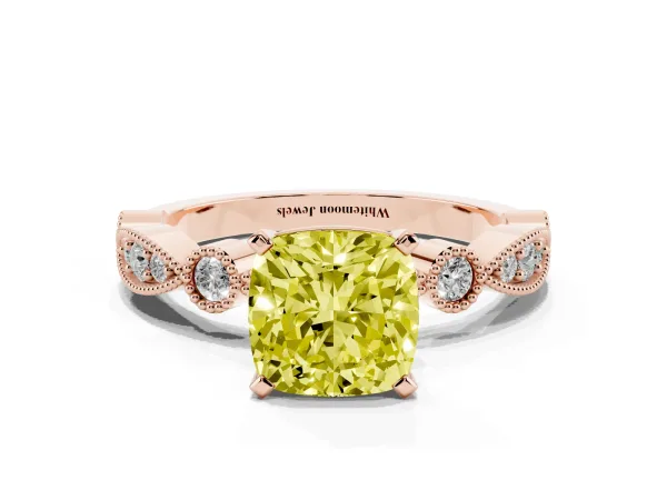 Fancy Yellow Cushion Cut Milgrain Bezel Diamond Engagement Ring with Solitaire Prong Setting Rose gold