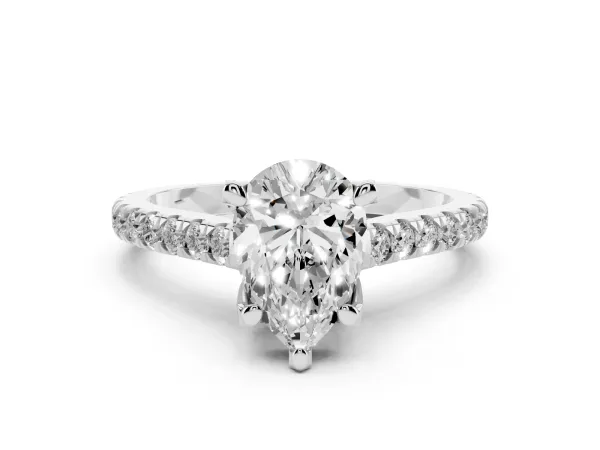 Pear Cut Brilliant Diamond Solitaire with Pavé Band and Four-Prong Setting Platinum