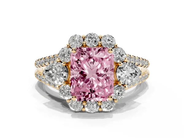 Fancy Pink Radiant Cut Halo Split Shank Diamond Engagement Ring with Prong Setting Yellow gold