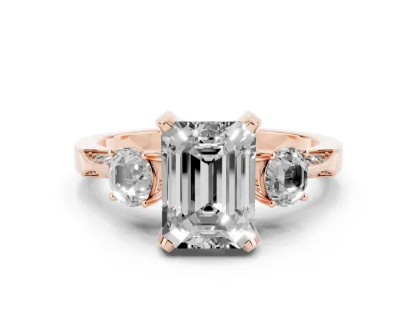 Fancy Yellow Emerald Cut Brilliant Three-Stone Diamond Ring with Pavé Band and Four-Prong Setting Rose gold