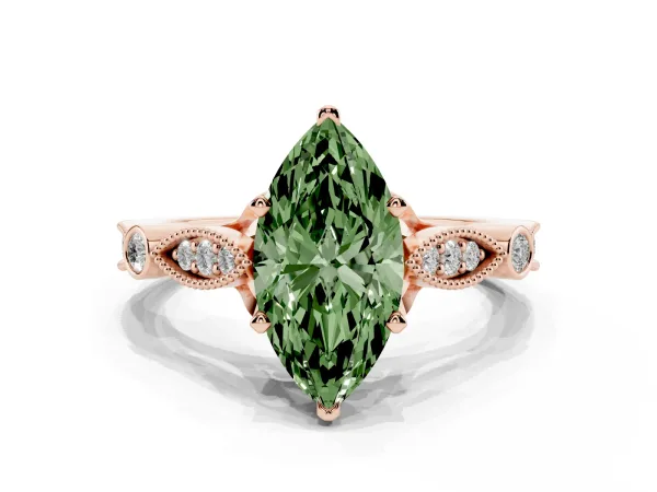 Fancy Green Marquise Cut Cut Diamond with Milgrain Marquise and Bezel Accents on a Solitaire Band with Prong Setting Rose gold