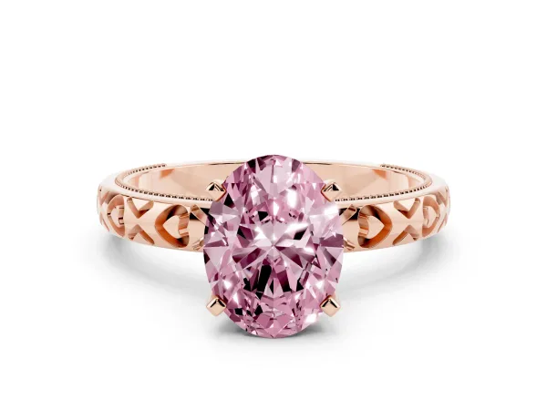 Fancy Pink Oval Cut Solitaire Diamond Engagement Ring with XO Engraved Band and Four-Prong Setting Rose gold