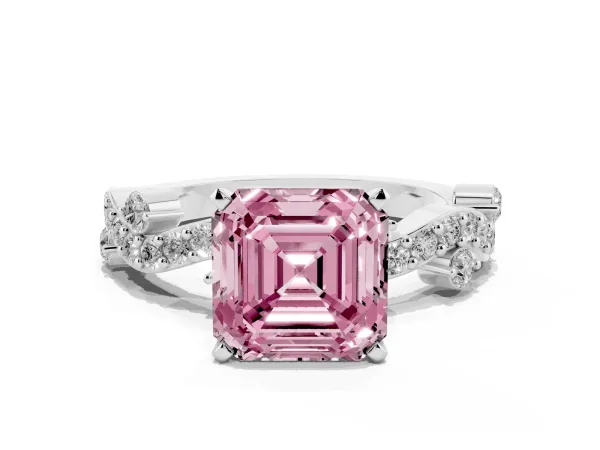 Fancy Pink Asscher Cut Cut Solitaire Diamond Twisted Band with Pave Setting Platinum